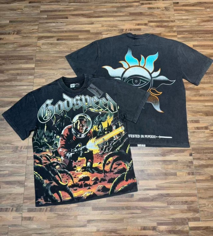 Retro Alien Horror Streetwear Front Vintage Space Warrior Monster Distressed Comic Gothic Letter Print Back Gradient Sun Eye Symbol T-Shirt 29345682