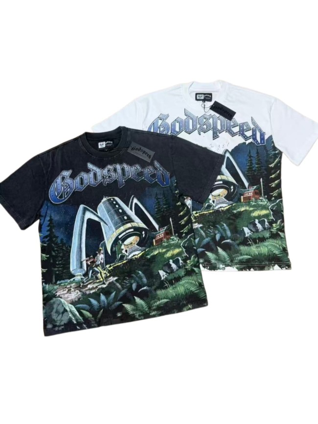 Retro Sci Fi Streetwear Front Vintage Alien Landing Comic Scene Gothic Letter Print Back Blue Outline Speckled GS Logo T-Shirt 2 colors 29345652