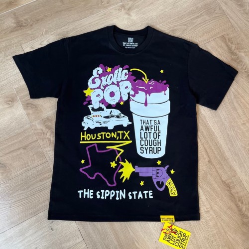 Southern Hip Hop Streetwear Front Houston Texas Map Pistol Lowrider Car Purple Syrup Cup Exotic Pop Cartoon Scene Print T-Shirt 29345308