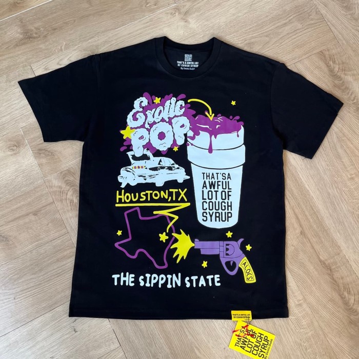 Southern Hip Hop Streetwear Front Houston Texas Map Pistol Lowrider Car Purple Syrup Cup Exotic Pop Cartoon Scene Print T-Shirt 29345308
