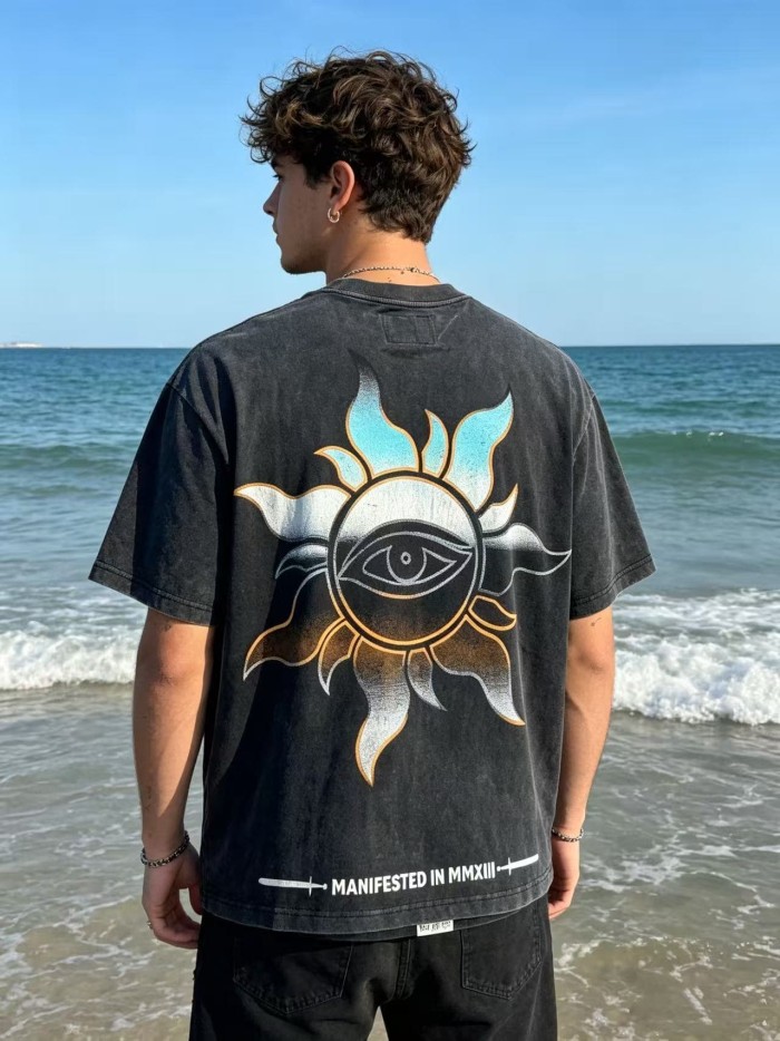 Retro Alien Horror Streetwear Front Vintage Space Warrior Monster Distressed Comic Gothic Letter Print Back Gradient Sun Eye Symbol T-Shirt 29345682