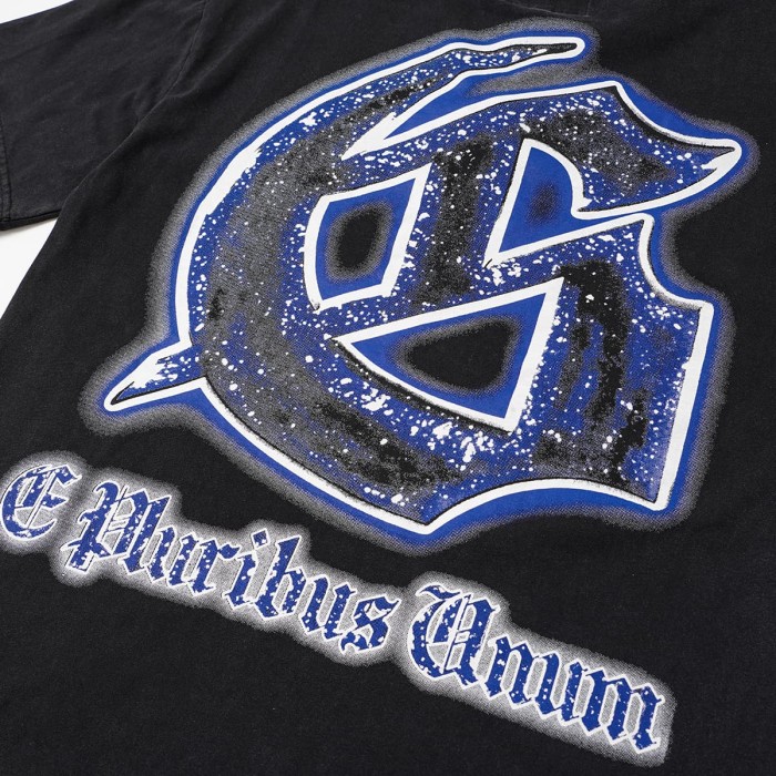 Retro Dark Dream Streetwear Front Blue Outline Graffiti Letter Starry Human Silhouette Scene Back Blue Border Galaxy GS Logo T-Shirt 29345676