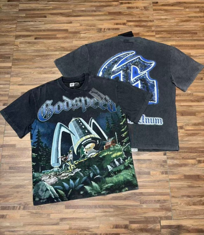 Retro Sci Fi Streetwear Front Vintage Alien Landing Comic Scene Gothic Letter Print Back Blue Outline Speckled GS Logo T-Shirt 2 colors 29345652