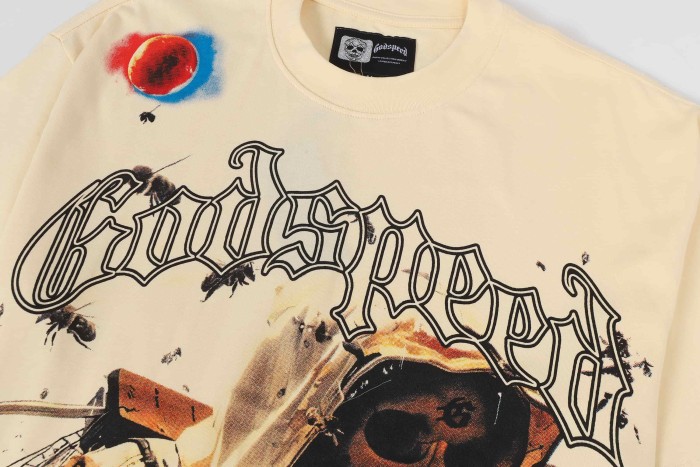 Godspeed Retro Cosmic Skeleton Streetwear Front Astronaut Skeleton Sunflower Bee Planet Gothic Letter Print T-Shirt 29348138