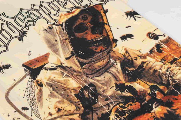 Godspeed Retro Cosmic Skeleton Streetwear Front Astronaut Skeleton Sunflower Bee Planet Gothic Letter Print T-Shirt 29348138