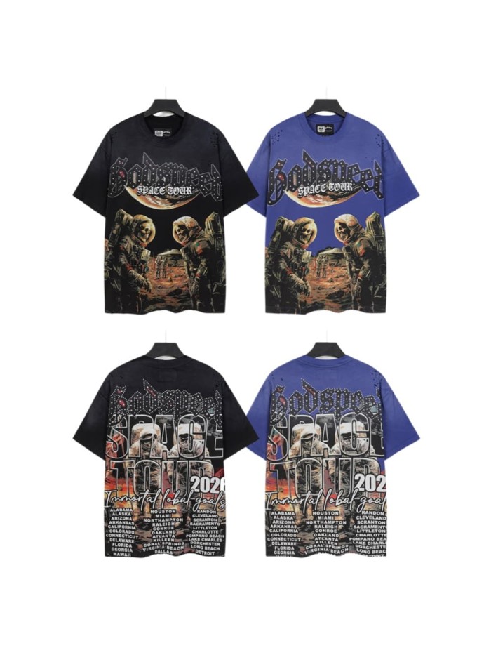 Godspeed Retro Space Tour Streetwear Front Rhinestone Gothic Letter Moon Astronaut Alien Scene Print T-Shirt 2 colors 29347750