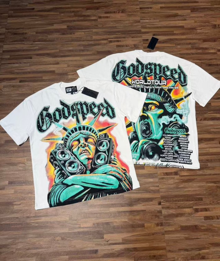 Godspeed Retro Liberty Hip Hop Streetwear Front Liberty Statue Speaker Sunset Rhinestone Gothic Letter Print T-Shirt 2 colors 29347771