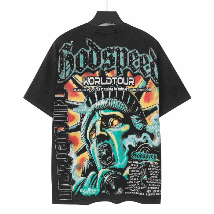 Godspeed Retro Liberty Hip Hop Streetwear Front Liberty Statue Speaker Sunset Rhinestone Gothic Letter Print T-Shirt 2 colors 29347771
