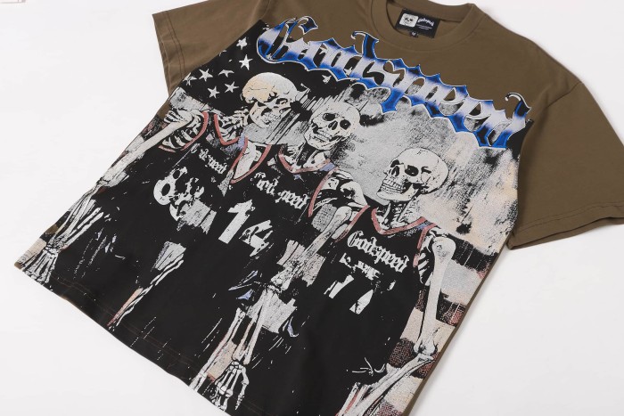 Godspeed Retro Varsity Basketball Streetwear Front Skeleton Basketball Team Vintage Gothic Letter Print Back Green Outline Flame Crackle Number 14 T-Shirt 2 colors 29347777