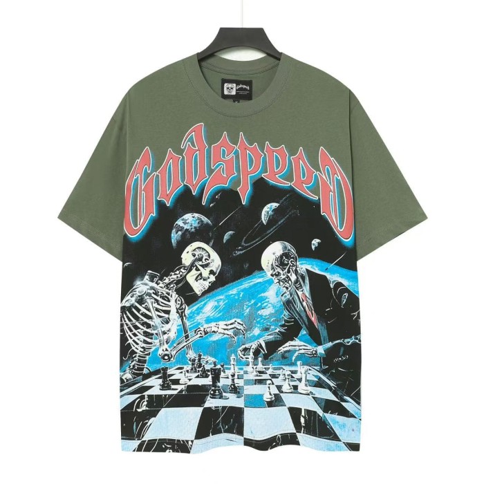 Godspeed Retro Cosmic Horror Streetwear Front Galaxy Space Skeleton Businessmen Chess Game Gothic Letter Print T-Shirt 2 colors 29347700