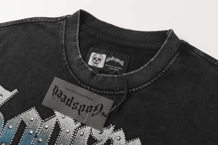 Godspeed Retro Dark Space Gothic Streetwear Front Astronaut Skeleton Rose Bush Rhinestone Gothic Letter Print Single Side T-Shirt 2 colors 29348018