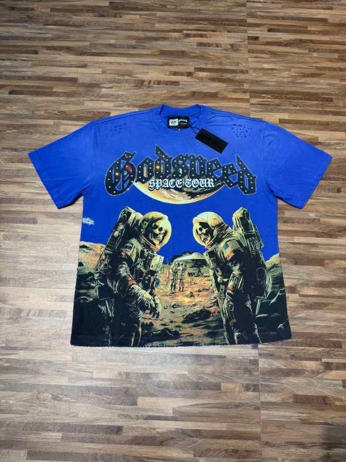 Godspeed Retro Space Tour Streetwear Front Rhinestone Gothic Letter Moon Astronaut Alien Scene Print T-Shirt 2 colors 29347750