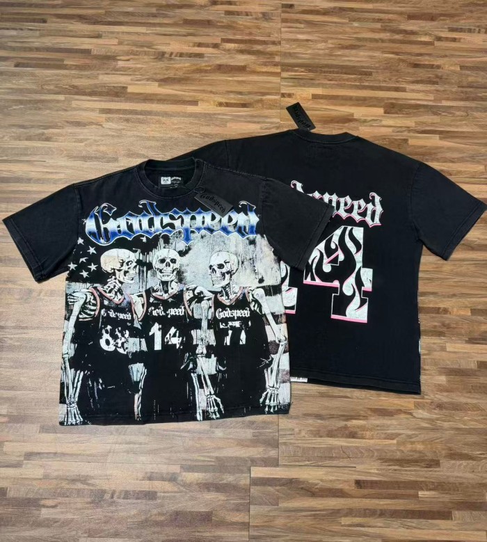 Godspeed Retro Varsity Basketball Streetwear Front Skeleton Basketball Team Vintage Gothic Letter Print Back Green Outline Flame Crackle Number 14 T-Shirt 2 colors 29347777