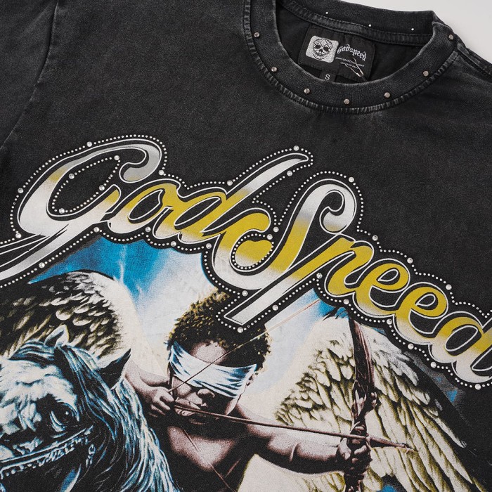 Godspeed Retro Western Cupid Streetwear Front Desert Cactus Winged Angel Kid Archer Horse Gradient Rhinestone Letter Print T-Shirt 2 colors 29348030