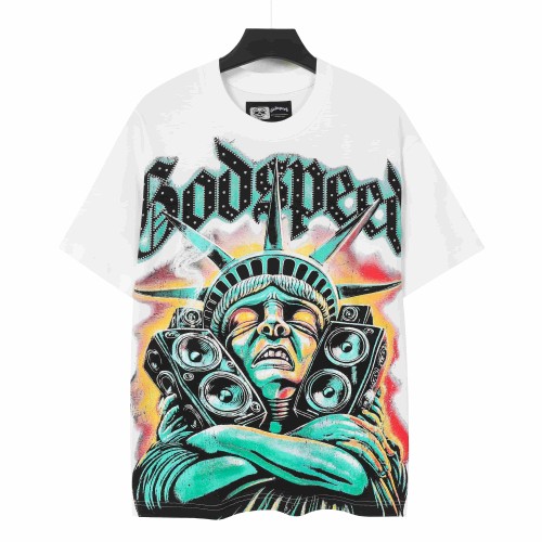 Godspeed Retro Liberty Hip Hop Streetwear Front Liberty Statue Speaker Sunset Rhinestone Gothic Letter Print T-Shirt 2 colors 29347771