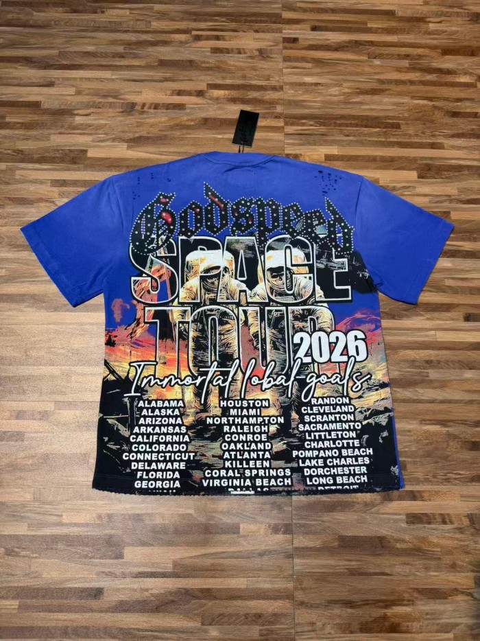 Godspeed Retro Space Tour Streetwear Front Rhinestone Gothic Letter Moon Astronaut Alien Scene Print T-Shirt 2 colors 29347750