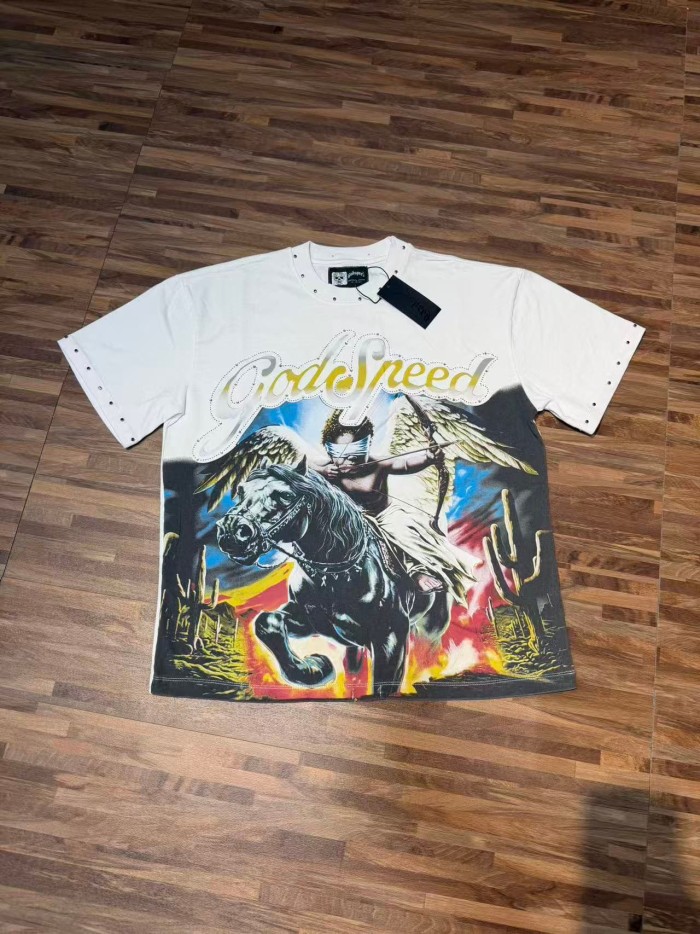 Godspeed Retro Western Cupid Streetwear Front Desert Cactus Winged Angel Kid Archer Horse Gradient Rhinestone Letter Print T-Shirt 2 colors 29348030