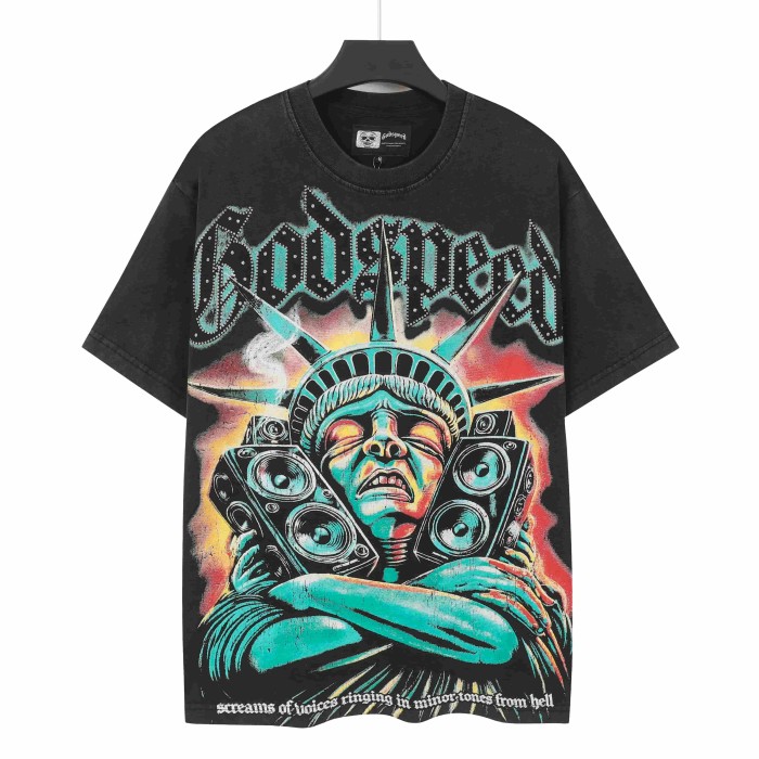 Godspeed Retro Liberty Hip Hop Streetwear Front Liberty Statue Speaker Sunset Rhinestone Gothic Letter Print T-Shirt 2 colors 29347771