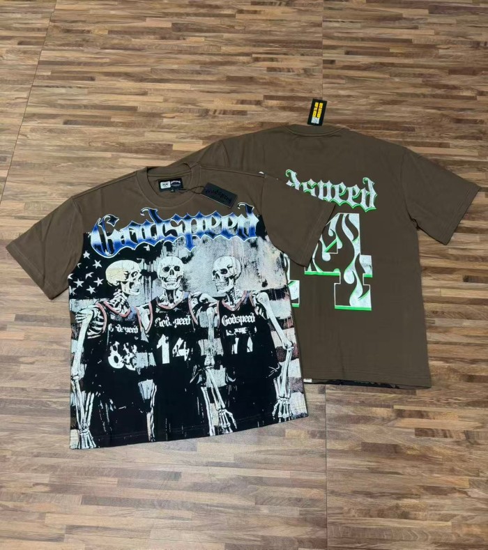 Godspeed Retro Varsity Basketball Streetwear Front Skeleton Basketball Team Vintage Gothic Letter Print Back Green Outline Flame Crackle Number 14 T-Shirt 2 colors 29347777