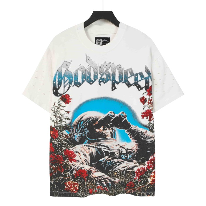 Godspeed Retro Dark Space Gothic Streetwear Front Astronaut Skeleton Rose Bush Rhinestone Gothic Letter Print Single Side T-Shirt 2 colors 29348018