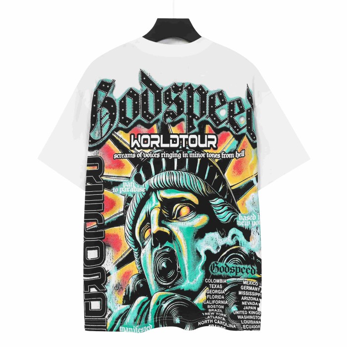Godspeed Retro Liberty Hip Hop Streetwear Front Liberty Statue Speaker Sunset Rhinestone Gothic Letter Print T-Shirt 2 colors 29347771