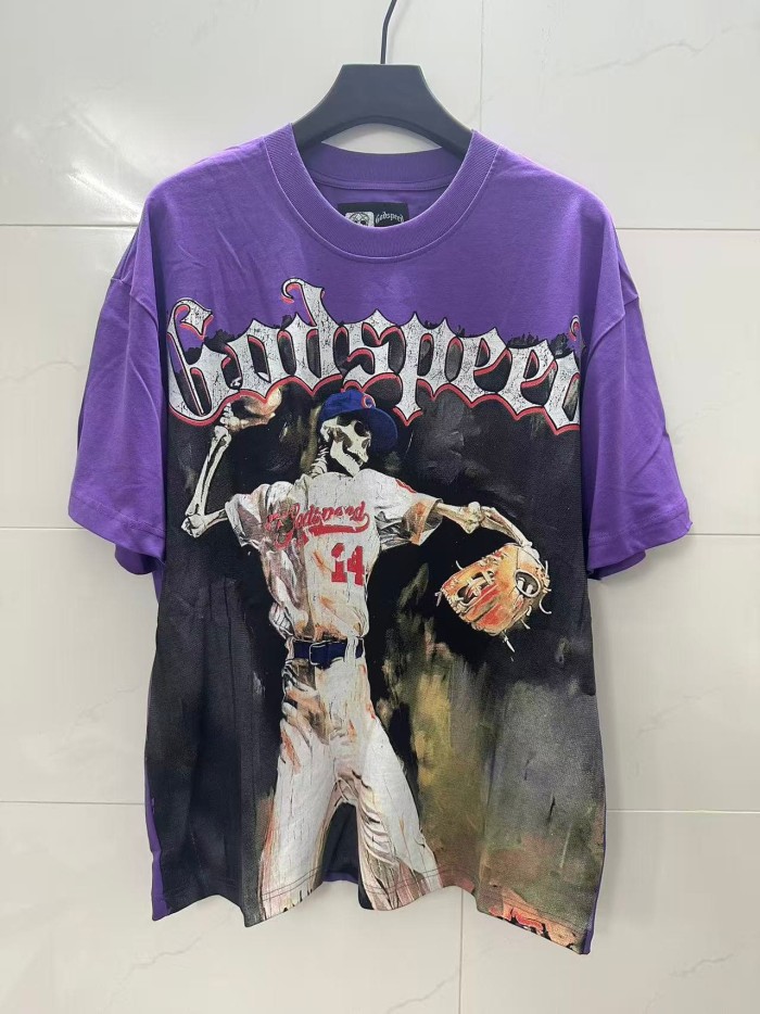Godspeed Retro Baseball Varsity Streetwear Front Skeleton Baseball Player Vintage Gothic Typography Print T-Shirt 2 colors 29348093