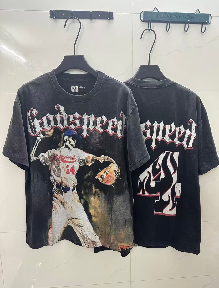 Godspeed Retro Baseball Varsity Streetwear Front Skeleton Baseball Player Vintage Gothic Typography Print T-Shirt 2 colors 29348093