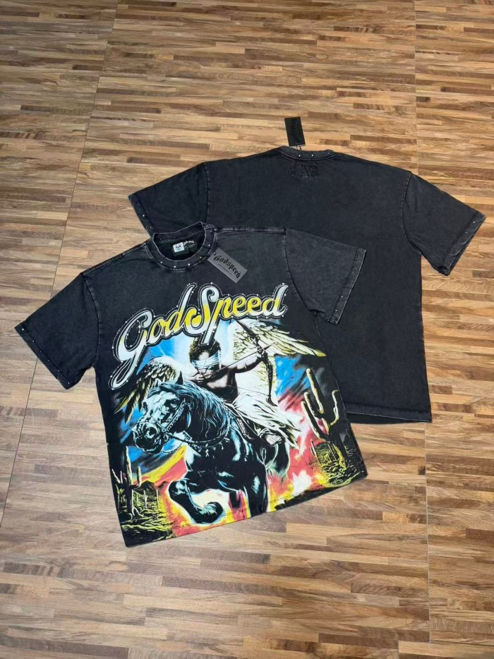 Godspeed Retro Western Cupid Streetwear Front Desert Cactus Winged Angel Kid Archer Horse Gradient Rhinestone Letter Print T-Shirt 2 colors 29348030