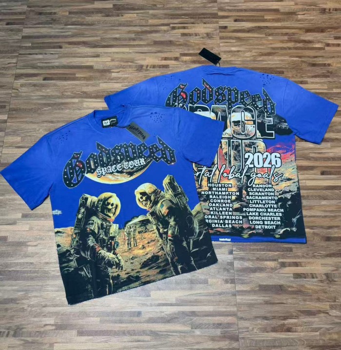 Godspeed Retro Space Tour Streetwear Front Rhinestone Gothic Letter Moon Astronaut Alien Scene Print T-Shirt 2 colors 29347750