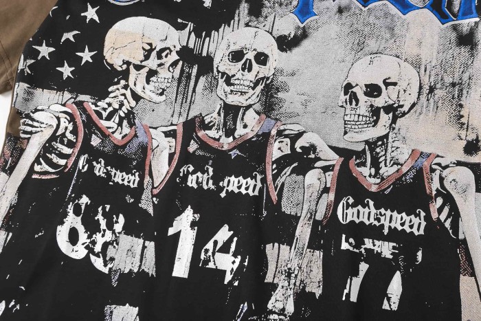Godspeed Retro Varsity Basketball Streetwear Front Skeleton Basketball Team Vintage Gothic Letter Print Back Green Outline Flame Crackle Number 14 T-Shirt 2 colors 29347777