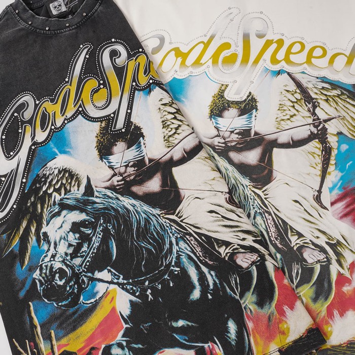 Godspeed Retro Western Cupid Streetwear Front Desert Cactus Winged Angel Kid Archer Horse Gradient Rhinestone Letter Print T-Shirt 2 colors 29348030