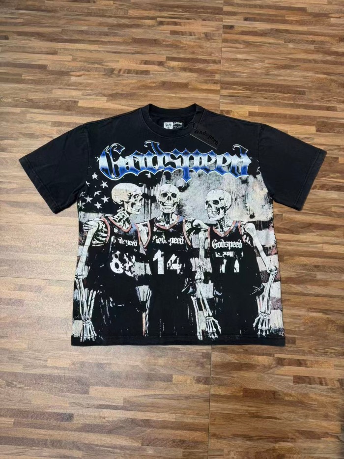 Godspeed Retro Varsity Basketball Streetwear Front Skeleton Basketball Team Vintage Gothic Letter Print Back Green Outline Flame Crackle Number 14 T-Shirt 2 colors 29347777