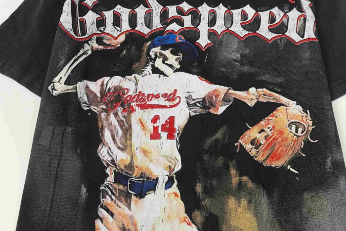 Godspeed Retro Baseball Varsity Streetwear Front Skeleton Baseball Player Vintage Gothic Typography Print T-Shirt 2 colors 29348093