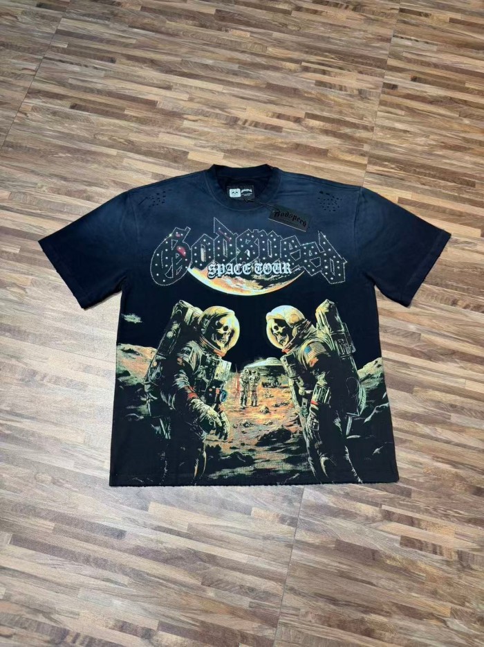 Godspeed Retro Space Tour Streetwear Front Rhinestone Gothic Letter Moon Astronaut Alien Scene Print T-Shirt 2 colors 29347750