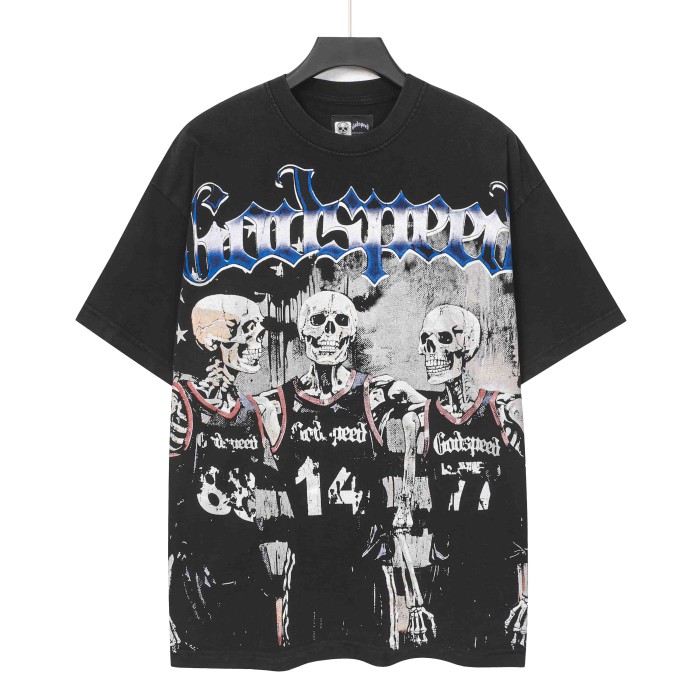 Godspeed Retro Varsity Basketball Streetwear Front Skeleton Basketball Team Vintage Gothic Letter Print Back Green Outline Flame Crackle Number 14 T-Shirt 2 colors 29347777