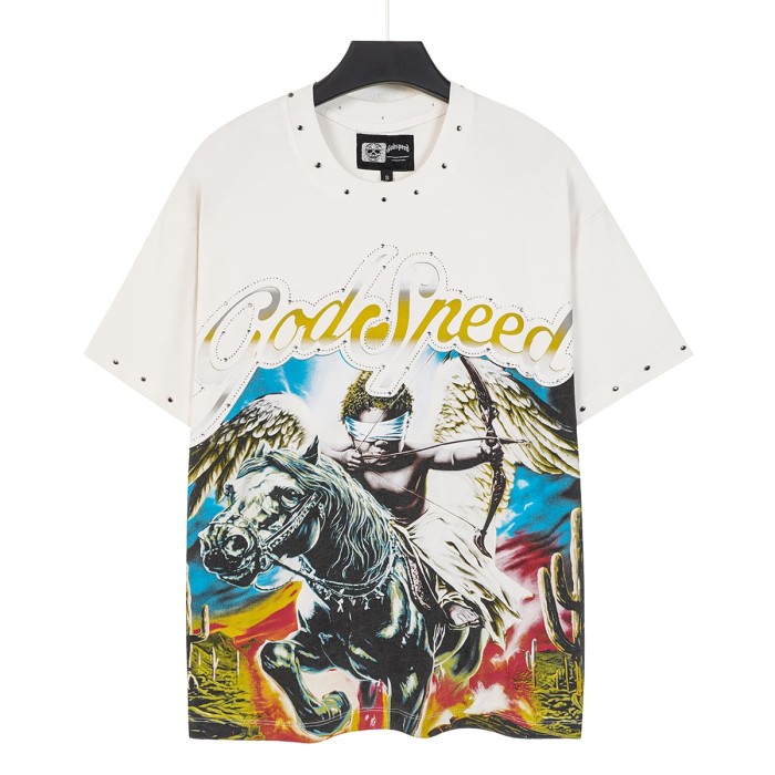 Godspeed Retro Western Cupid Streetwear Front Desert Cactus Winged Angel Kid Archer Horse Gradient Rhinestone Letter Print T-Shirt 2 colors 29348030