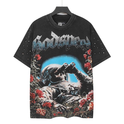 Godspeed Retro Dark Space Gothic Streetwear Front Astronaut Skeleton Rose Bush Rhinestone Gothic Letter Print Single Side T-Shirt 2 colors 29348018