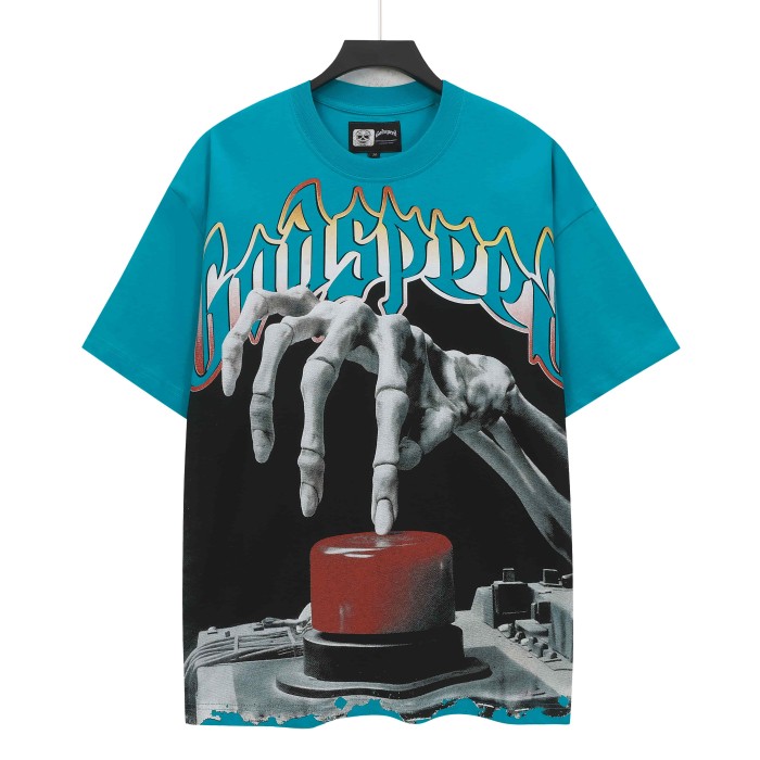Godspeed Streetwear Front Skeleton Hand Press Button Graffiti Gradient Letter Print Back Large Stacked Patriotic Slogan T-Shirt 3 colors 29348099