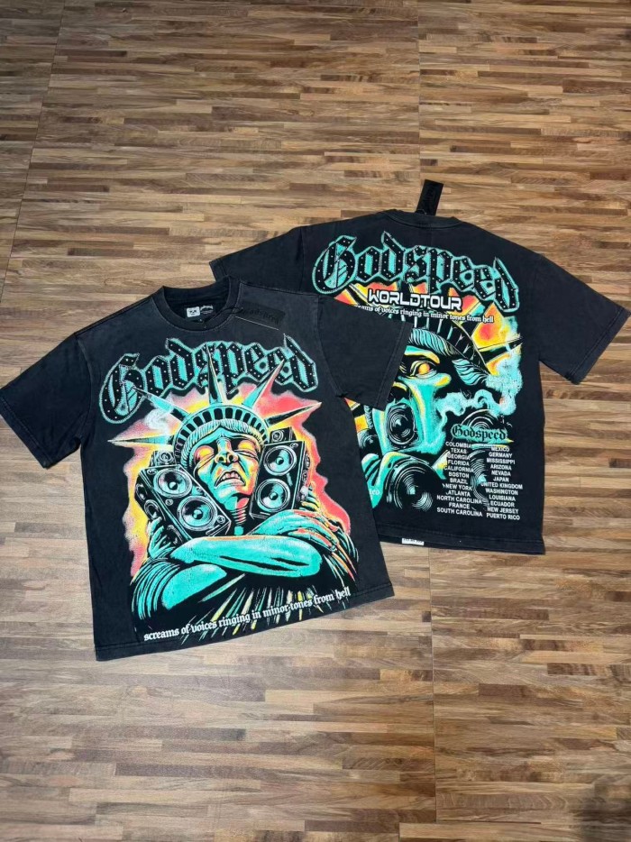 Godspeed Retro Liberty Hip Hop Streetwear Front Liberty Statue Speaker Sunset Rhinestone Gothic Letter Print T-Shirt 2 colors 29347771