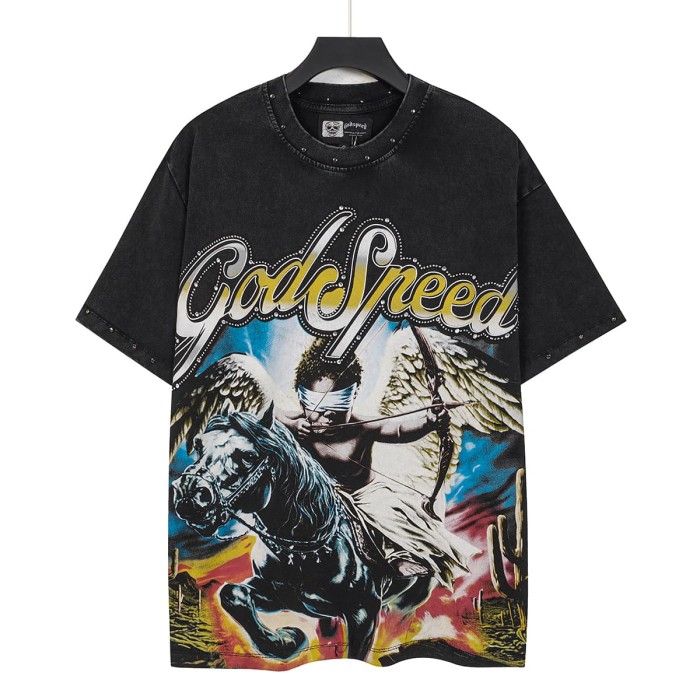 Godspeed Retro Western Cupid Streetwear Front Desert Cactus Winged Angel Kid Archer Horse Gradient Rhinestone Letter Print T-Shirt 2 colors 29348030