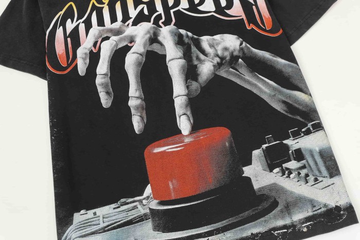 Godspeed Streetwear Front Skeleton Hand Press Button Graffiti Gradient Letter Print Back Large Stacked Patriotic Slogan T-Shirt 3 colors 29348099