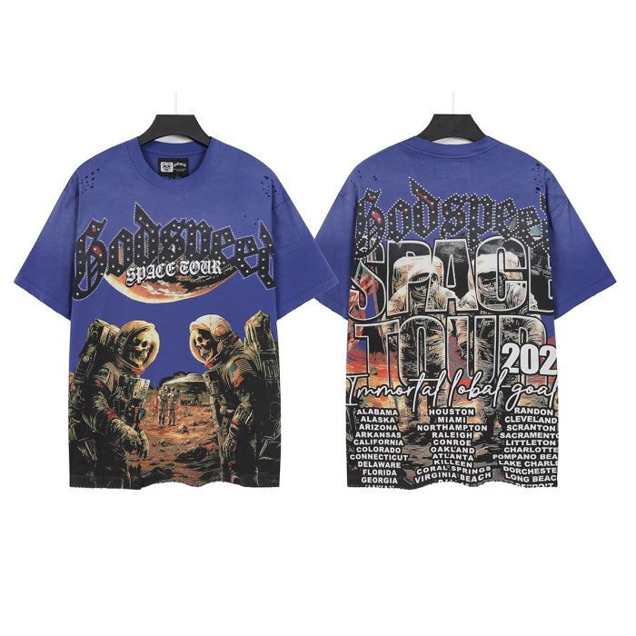 Godspeed Retro Space Tour Streetwear Front Rhinestone Gothic Letter Moon Astronaut Alien Scene Print T-Shirt 2 colors 29347750