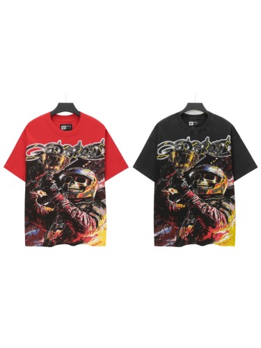 Godspeed Hip Hop Streetwear Front Yellow Outline Gothic Font Helmet Skeleton Racer Holding Trophy Race Track Light Graphic T-Shirt 2 colors 29349534