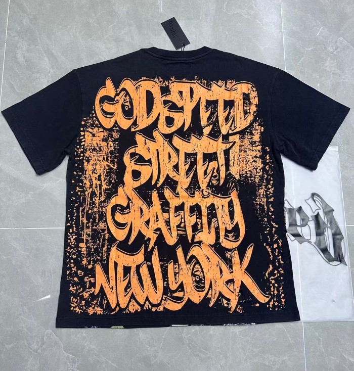 Godspeed Grunge Graffiti Hip Hop Streetwear Front Orange Gradient Graffiti Script Squatting Skeleton Retro Sports Car Alley Distressed Graphic T-Shirt 2 colors 29349508