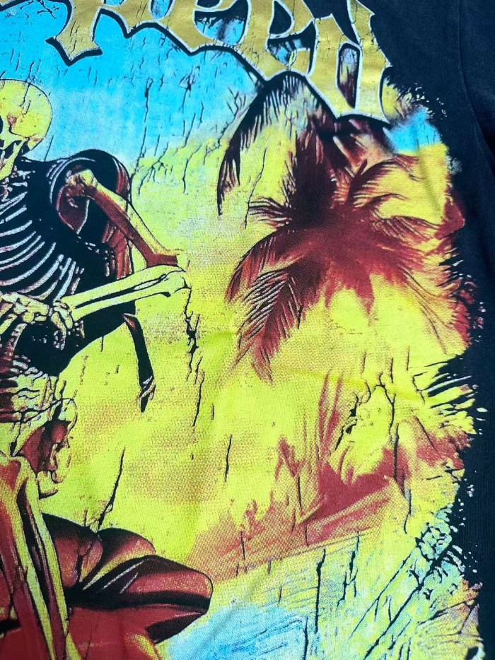 Godspeed Grunge Coastal Hip Hop Streetwear Front Gradient Gothic Script Skeleton Rider Red Jet Ski Palm Tree Ocean Cracked Graphic T-Shirt 2 colors 29349516