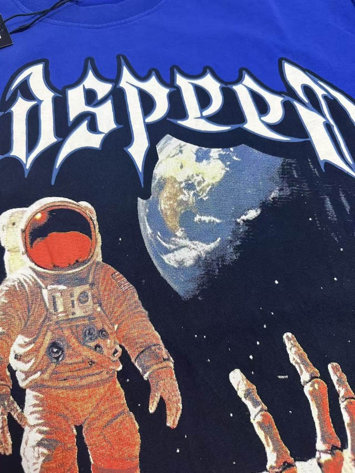 Godspeed Hip Hop Streetwear Front White Outline Gothic Script Astronaut Skeleton Hand Moon Surface Distressed Graphic T-Shirt 29349560