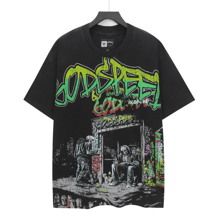 Godspeed Grunge Urban Hip Hop Streetwear Front Green Red Gradient Graffiti Script Two Squatting Skeletons Alley Graffiti Wall Distressed Graphic T-Shirt 29349545