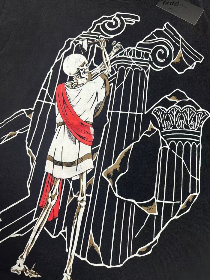 Godspeed West Coast Chicano Vintage Fashion Front Skeleton Sculptor Hammer Roman Column Ruins Line Art Print T-Shirt 2 colors 29349514