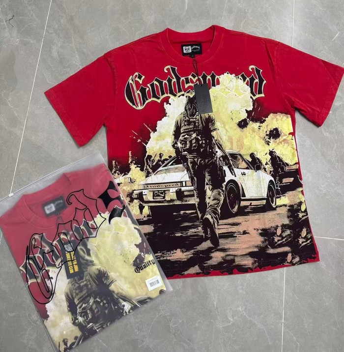 Godspeed 90s Grunge Motorsport Hip Hop Streetwear Front Beige Outline Gothic Script Tactical Male Silhouette Retro White Sports Car Smoke Blast T-Shirt 29349505