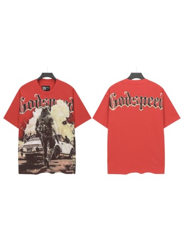 Godspeed 90s Grunge Motorsport Hip Hop Streetwear Front Beige Outline Gothic Script Tactical Male Silhouette Retro White Sports Car Smoke Blast T-Shirt 29349505